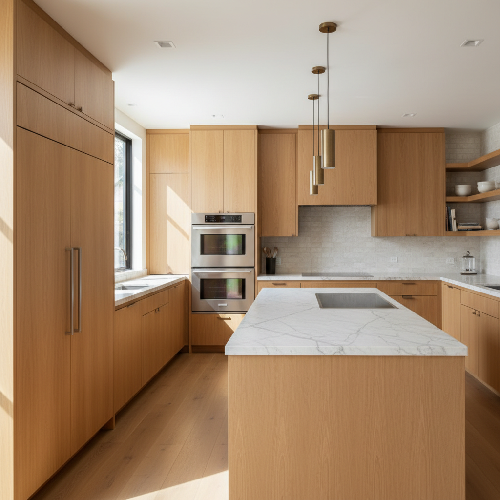 Bright upscale kitchen with integrated refrigerator and wall oven