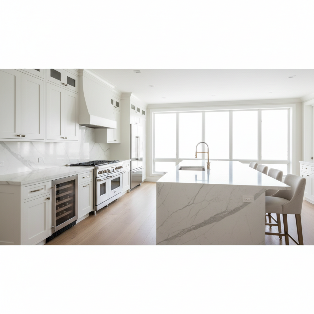 Luxury modern kitchen with built-in refrigerator and professional range